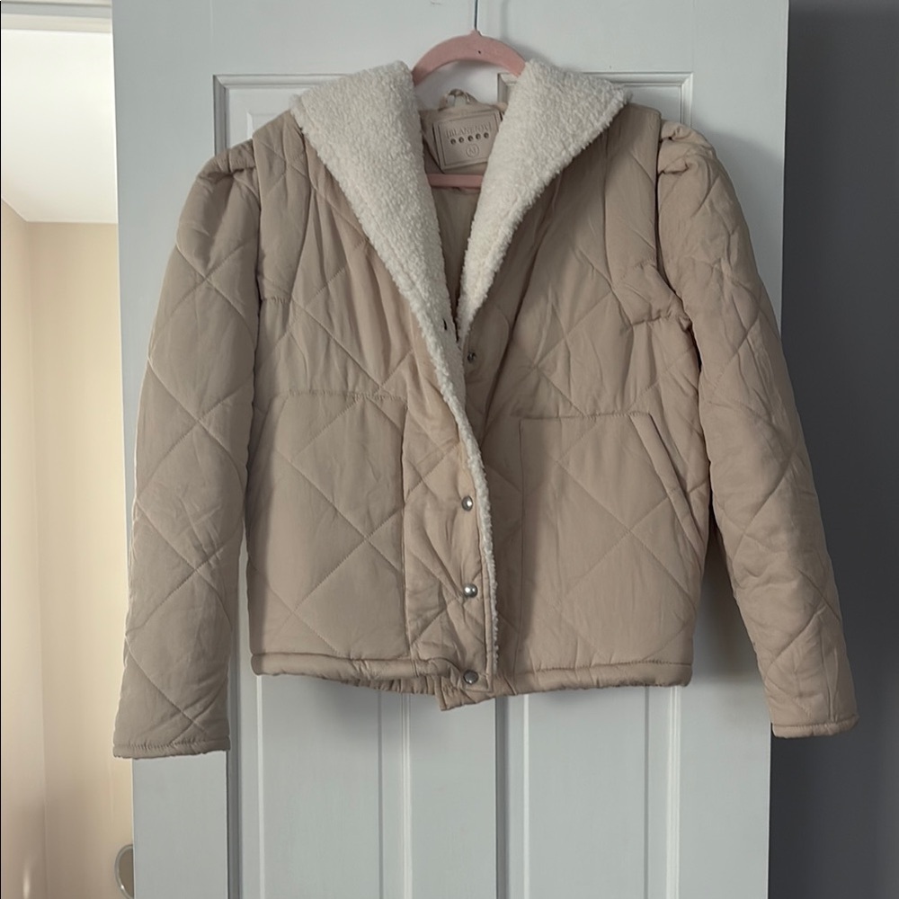 Tan Quilted Jacket with White Sherpa Lining